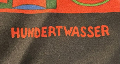 Vintage Circa 1970 Friedensreich Hundterwasser “The Blood Flows in a Circle and I Have a Bicycle” Art Silk Scarf Made by Filmdruck Heberlein & Co. AG (Switzerland)