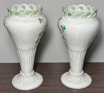 Pair of 1891-1926 Irish Belleek Porcelain Pierced Shamrock Vases (2nd Mark)
