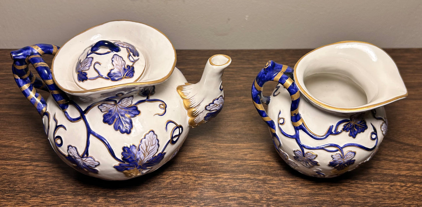 Vintage Mid 20th Century Italian Majolica Revival Style Gilded Cobalt Blue/White Porcelain Six-Piece Coffee Service Set