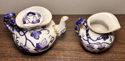 Vintage Mid 20th Century Italian Majolica Revival Style Gilded Cobalt Blue/White Porcelain Six-Piece Coffee Service Set