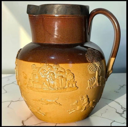1899 English Victorian Doulton Lambeth Pottery Stoneware/Spurrier & Co. Sterling Silver Rim Harvest Jug