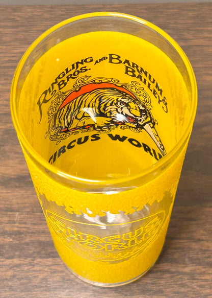 Vintage 1980’s Ringling Brothers & Barnum & Bailey Circus World Souvenir Tall Yellow Tiger/Ring of Fire Motif Glass