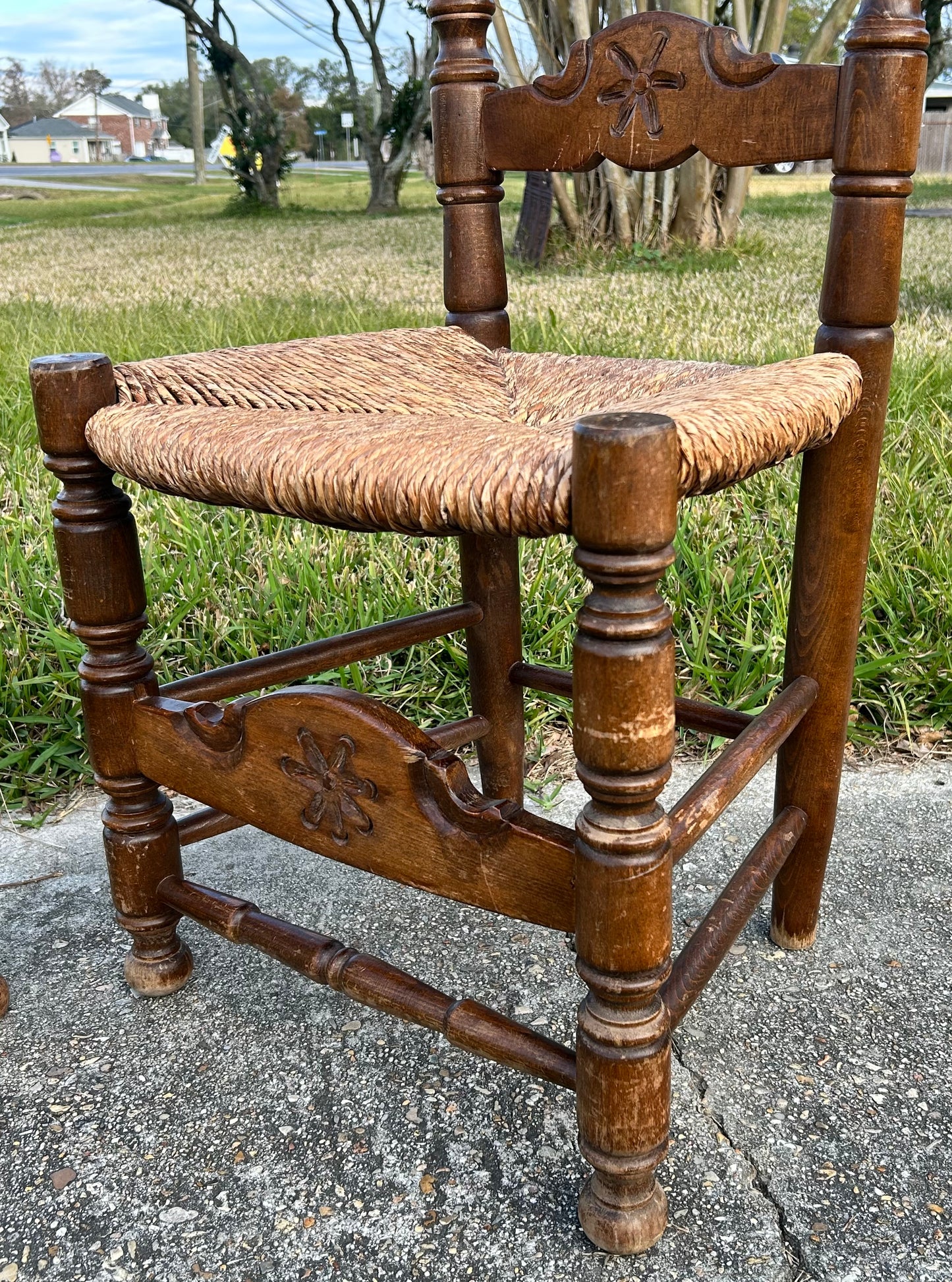 Pair of Vintage Mid 20th Century Spanish Country Style Carved Maple Wood/Upholstered Rush Seat High Ladderback Dining Chairs