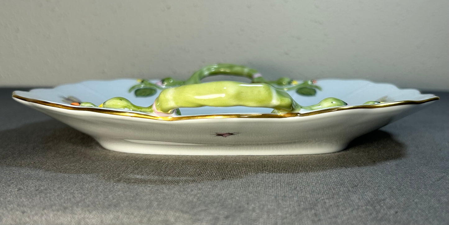Vintage Circa 1970 Hungarian Herend Porcelain Hand-Painted Rothschild Bird Pattern Scalloped Rim Handled Square Serving Tray