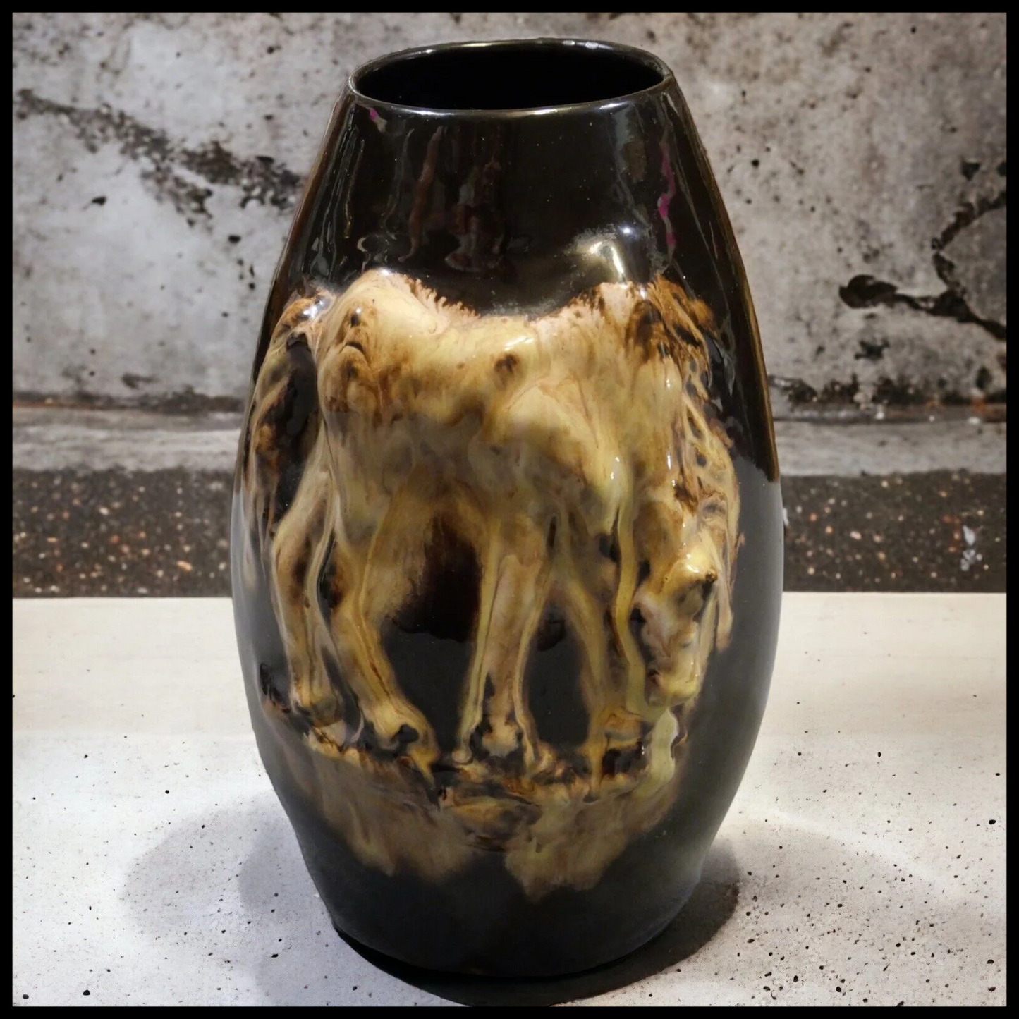 Circa 1925 American Art Deco Brown Glazed Redware Pottery Raised Relief Horse Motifs Vase