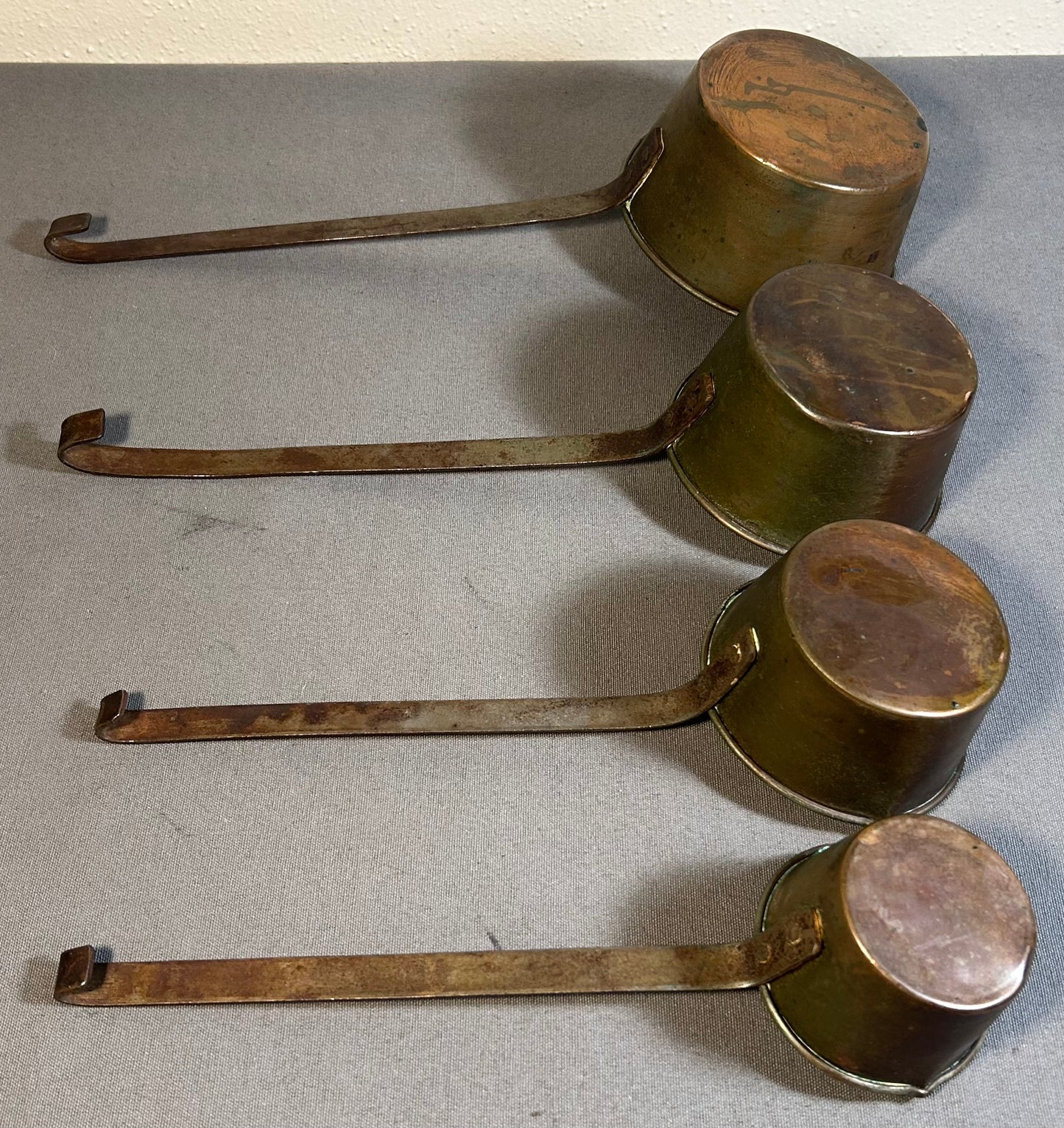 Set of 4 Late 19th Century French Primitive Tin-Lined Copper/Wrought Iron Nesting Pouring Measuring Cups with Handles