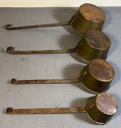 Set of 4 Late 19th Century French Primitive Tin-Lined Copper/Wrought Iron Nesting Pouring Measuring Cups with Handles