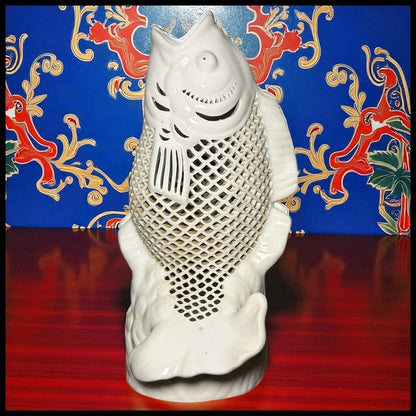 Vintage 1960’s Chinese Dehua Blanc de Chine Porcelain Reticulated Koi Carp Fish Sculpture