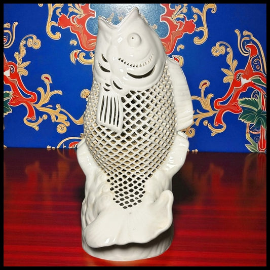 Vintage 1960’s Chinese Dehua Blanc de Chine Porcelain Reticulated Koi Carp Fish Sculpture