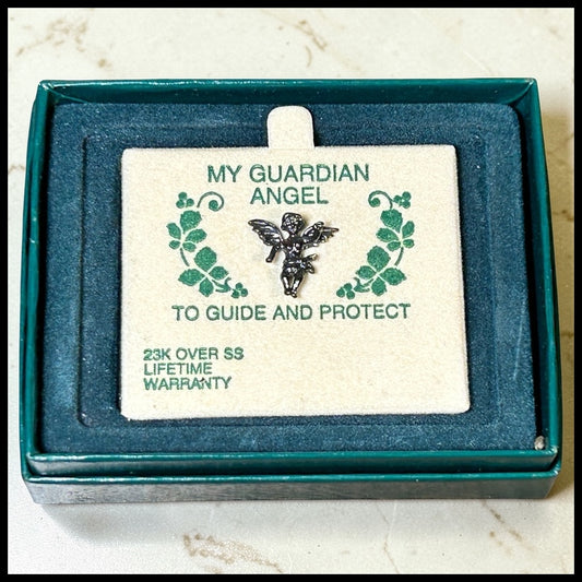 Vintage 1980’s American My Guardian Angel 22K Gold Over Sterling Silver Pin in Original Box