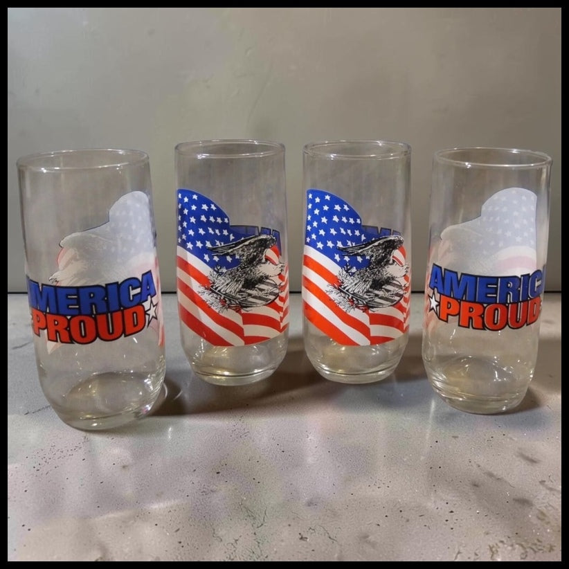 Set of 4 Vintage 1970's America Proud Patriotic Eagle/Flag Motif Glasses