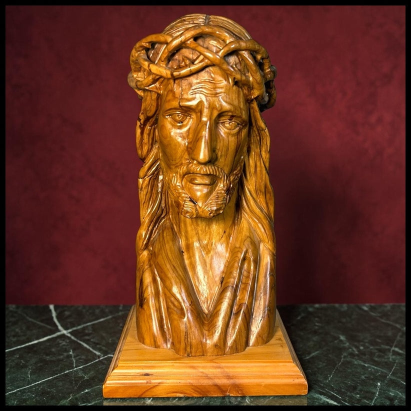 Christian Hand-Carved Holy Land Olive Wood Jesus Christ Bust Sculpture on Wooden Plinth Base Made in Bethlehem, Israel