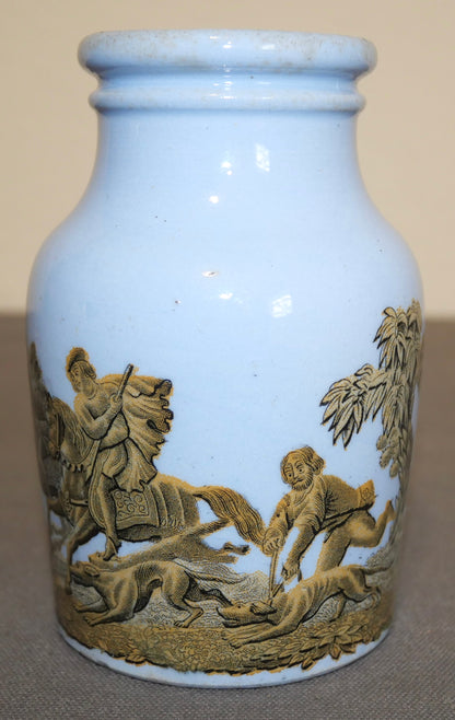 Circa 1880 English Victorian Prattware Pottery Blue Transferware Boar Hunt Scene Motif Mustard Jar