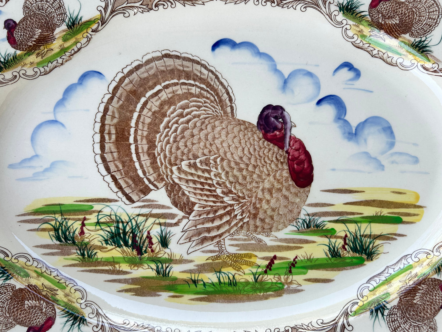 Vintage 1950’s Japanese Maruta Ware Ceramic Transferware Turkey Motif Thanksgiving Oval Platter