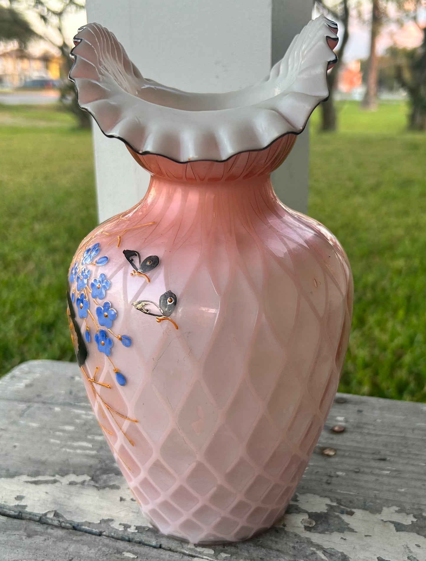 Late 19th Century Bohemian Victorian Harrach Pink/White Cased Glass Quilted Diamond Pattern Hand-Painted Floral/Butterfly Motifs Crimped Rim Bulbous Fan Vase