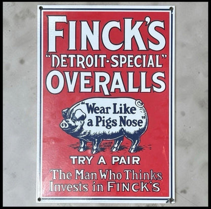 Vintage 1990’s Finck’s Detroit-Special Overalls Antique Style Porcelain Enamel Metal Advertising Sign