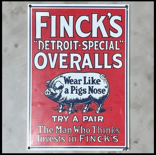 Vintage 1990’s Finck’s Detroit-Special Overalls Antique Style Porcelain Enamel Metal Advertising Sign