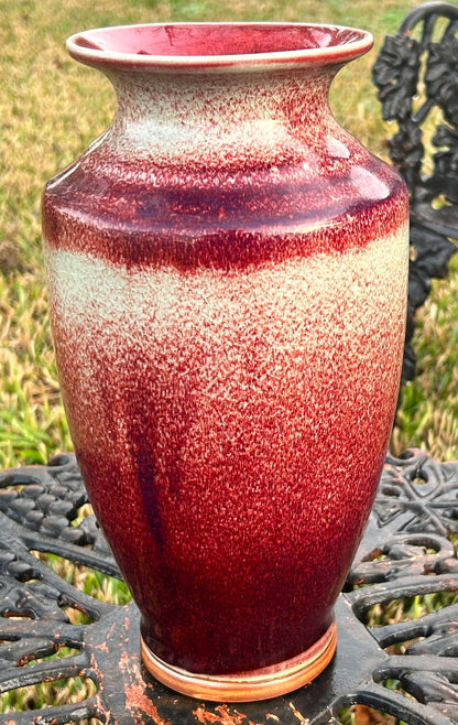 Early 20th Century English Arts & Crafts Ruskin Style Art Pottery Chinoiserie Flambé Sang de Boeuf Glazed Baluster Vase