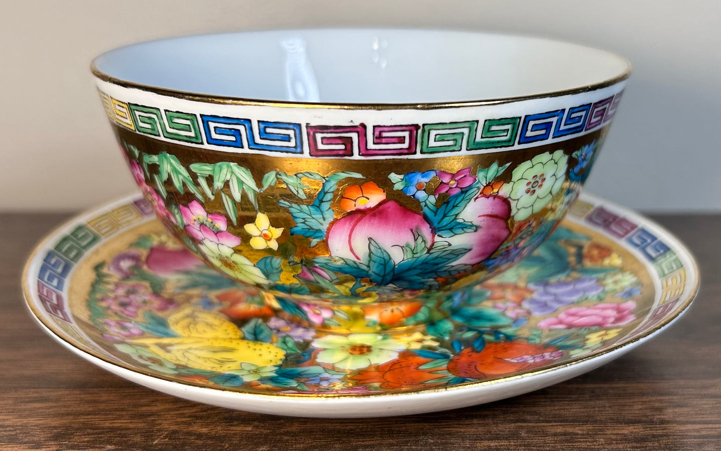 Vintage 1970’s Chinese Zhongguo Chao Cai Gilded Mille Fleur Porcelain Tea Bowl and Saucer Set
