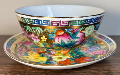 Vintage 1970’s Chinese Zhongguo Chao Cai Gilded Mille Fleur Porcelain Tea Bowl and Saucer Set
