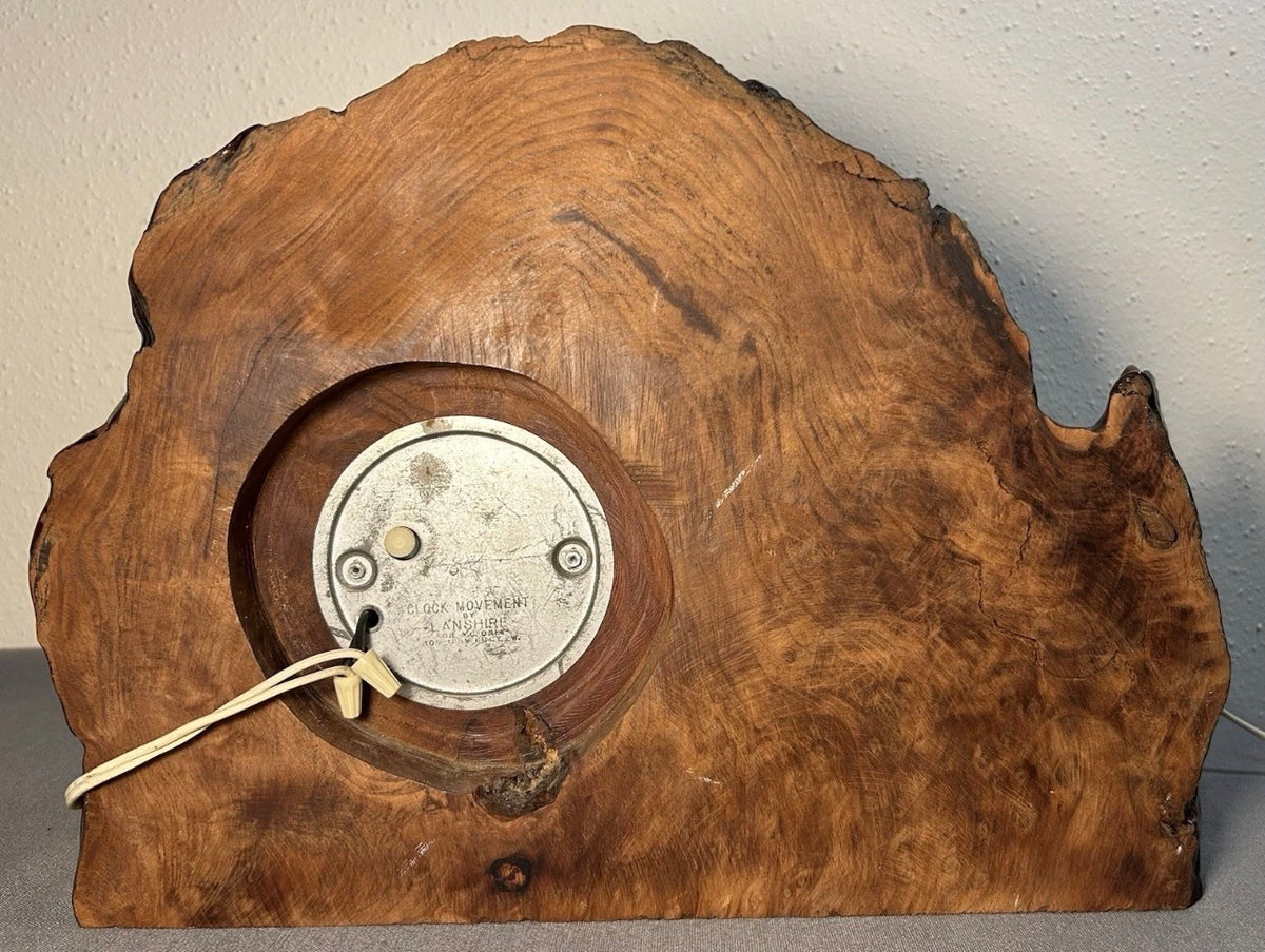 Vintage 1950’s American Mid Century Modern Lanshire Movement Live-Edge Burl Slab Electric Mantel Clock