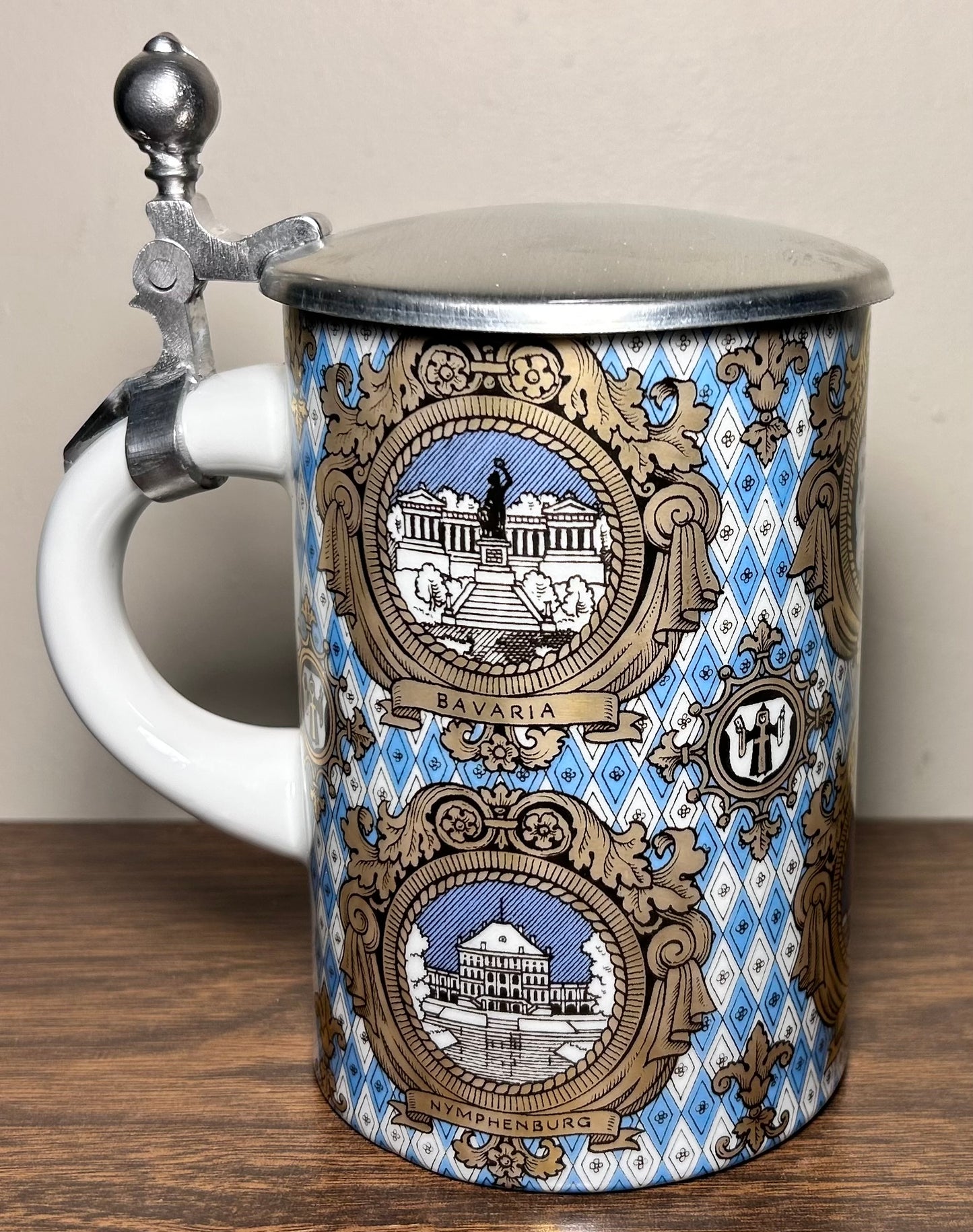Vintage 1980’s German Porcelain Pewter Lidded Munchen Souvenir Stein