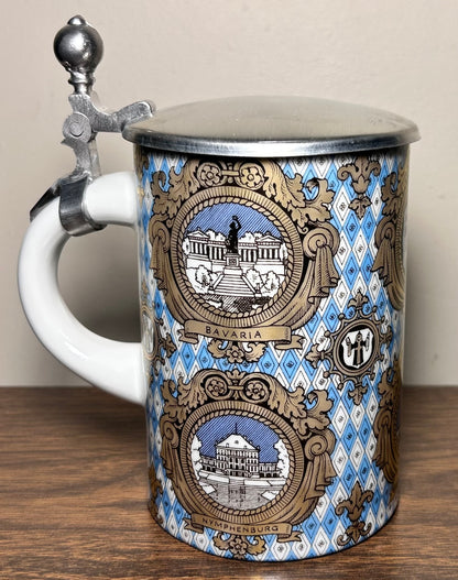 Vintage 1980’s German Porcelain Pewter Lidded Munchen Souvenir Stein