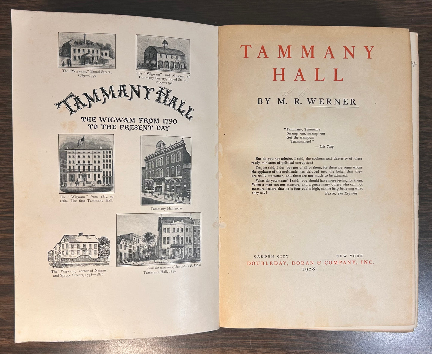 “Tammany Hall” by M.R. Werner Hardcover Book (1928) (Doubleday, Doran & Company, Inc.)
