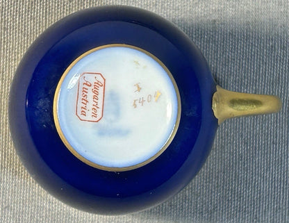 1930’s Austrian Augarten Porcelain Biedermeier Style Gilded Cobalt Blue Scrollwork Motifs Demitasse Cups and Saucer Set