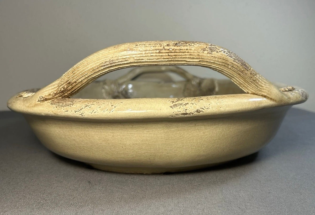 Vintage 1990’s Italian Wild Olive Co. Art Pottery Ceramic Antiqued Finish High-Relief Molded Grape Cluster Motifs Handled Oval Tray