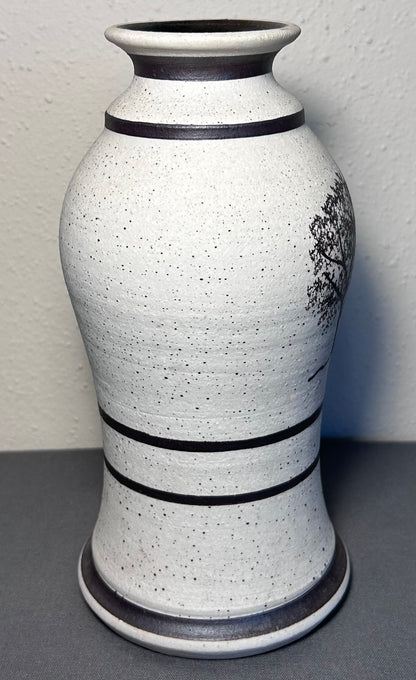 Vintage Contemporary Style Studio Pottery Speckled Stoneware Trees Motif Baluster Vase Signed JS (20th Century)
