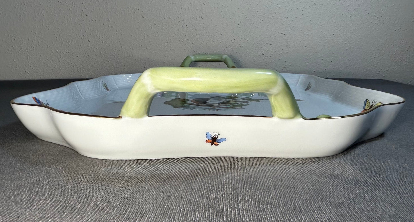 Vintage Circa 1970 Hungarian Herend Porcelain Hand-Painted Rothschild Bird Pattern Scalloped Rim Handled Rectangular Serving Tray