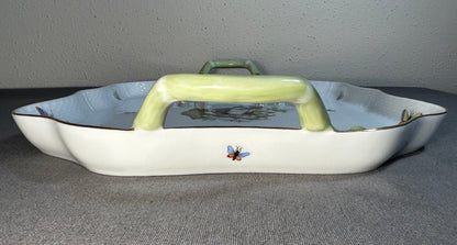 Vintage Circa 1970 Hungarian Herend Porcelain Hand-Painted Rothschild Bird Pattern Scalloped Rim Handled Rectangular Serving Tray