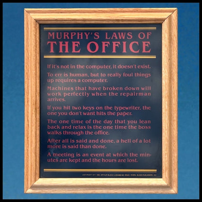 Vintage 1980’s Arthur Bloch Murphy’s Laws of The Office Framed Novelty Plaque