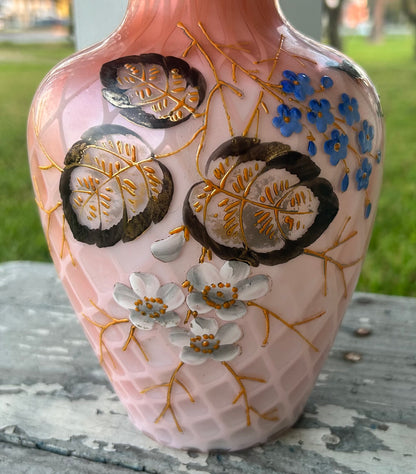 Late 19th Century Bohemian Victorian Harrach Pink/White Cased Glass Quilted Diamond Pattern Hand-Painted Floral/Butterfly Motifs Crimped Rim Bulbous Fan Vase