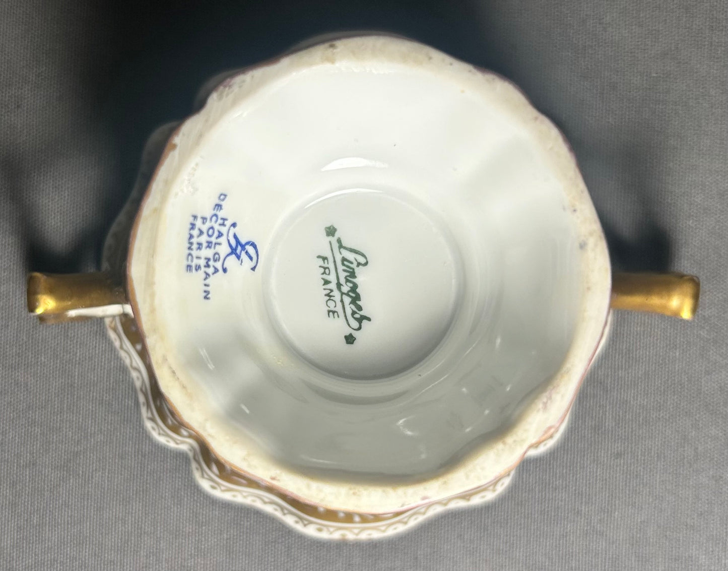 1930’s French Halga Limoges Napoleon III Style Porcelain Hand-Painted Gilded Floral Motifs Footed Chocolate Pot with Underplate