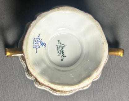 1930’s French Halga Limoges Napoleon III Style Porcelain Hand-Painted Gilded Floral Motifs Footed Chocolate Pot with Underplate