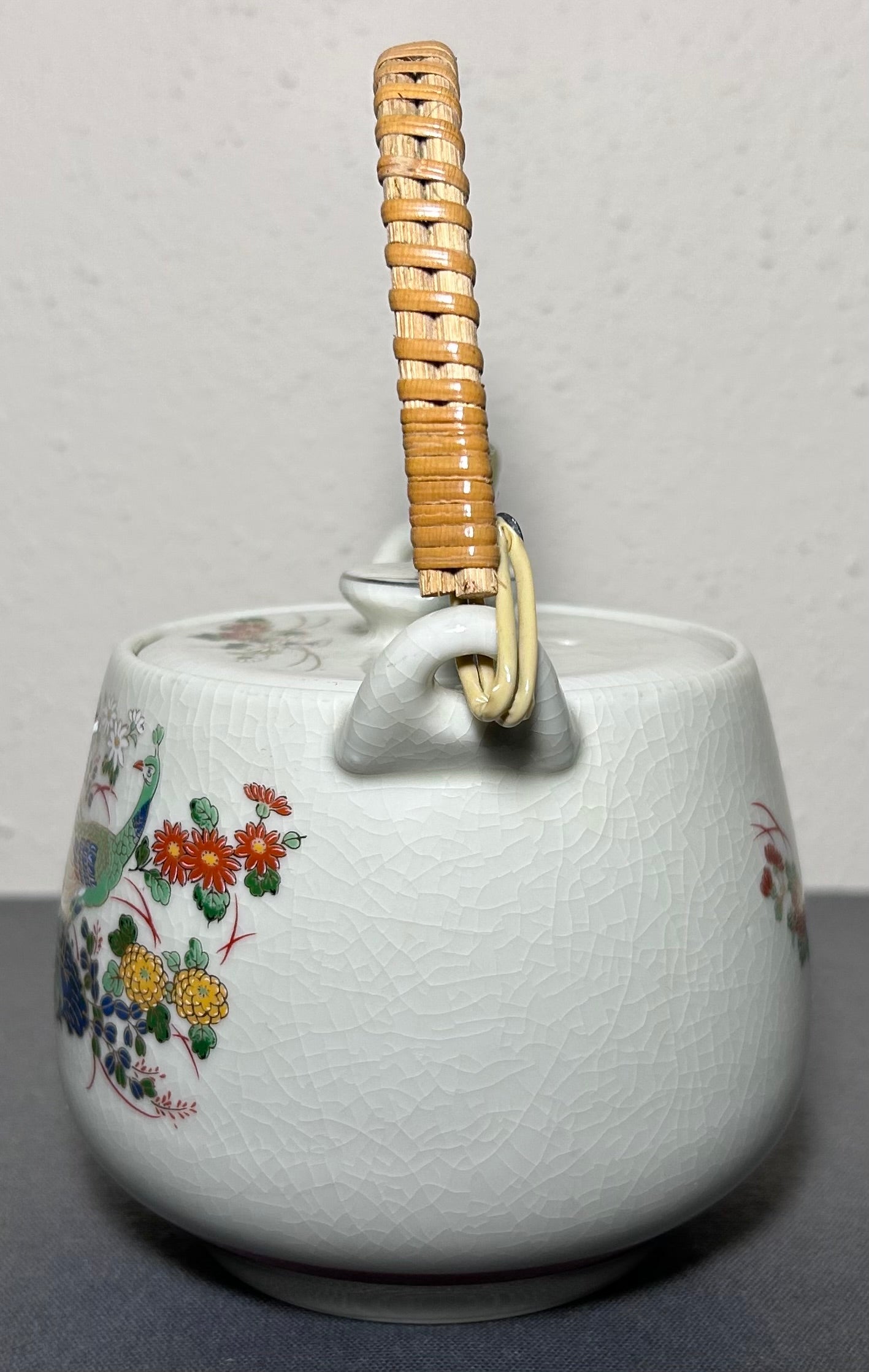 Vintage 1970’s Japanese Kutani Porcelain Peacock/Floral Motifs Six-Piece Teapot and Teacups Set