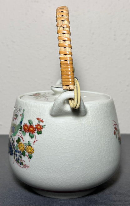 Vintage 1970’s Japanese Kutani Porcelain Peacock/Floral Motifs Six-Piece Teapot and Teacups Set