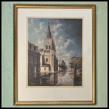 Vintage James Hussey - “St. Louis Cathedral” Framed Signed Lithograph Print (20th Century) (New Orleans, Louisiana)