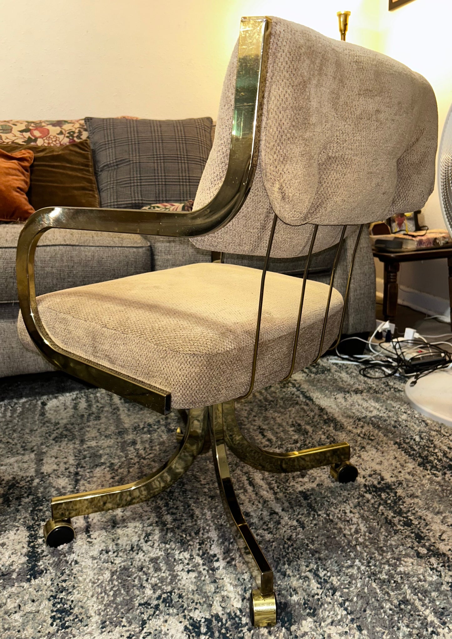 Set of 2 Vintage 1980’s American Hollywood Regency Chromcraft Brass Style Metal/Beige Upholstered Rolling Accent Armchairs
