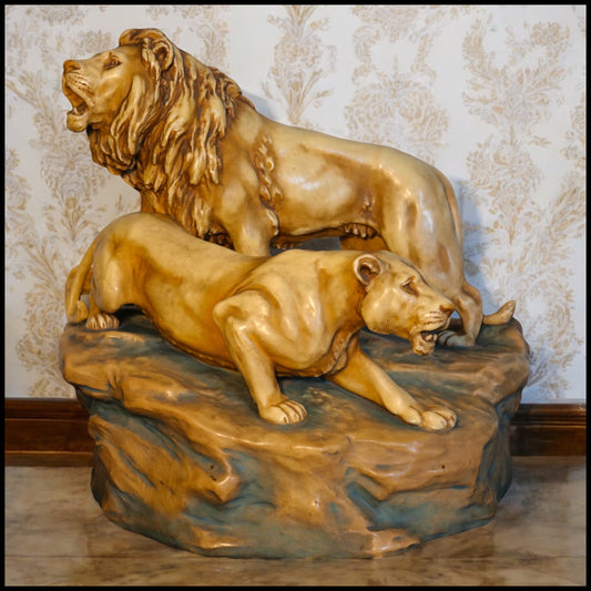 Circa 1900 Austrian Art Nouveau Theodore Schoop for Bernard Bloch Porcelain Lion and Lioness on Rock Figural Group Sculpture