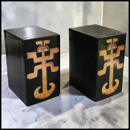Pair of Vintage Mid 20th Century Contemporary Style Pre-Columbian Toloma Anthropomorphic Motif Leather Covered Weighted Bookends
