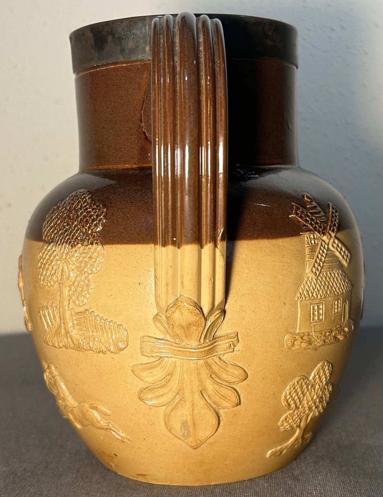 1899 English Victorian Doulton Lambeth Pottery Stoneware/Spurrier & Co. Sterling Silver Rim Harvest Jug