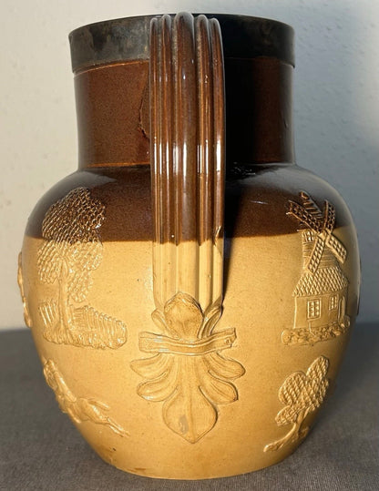 1899 English Victorian Doulton Lambeth Pottery Stoneware/Spurrier & Co. Sterling Silver Rim Harvest Jug