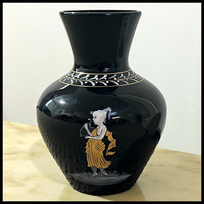 Vintage 1950’s American Westmoreland Mary Gregory Black Amethyst Glass Hand-Painted Woman Playing Harp Motif Baluster Vase