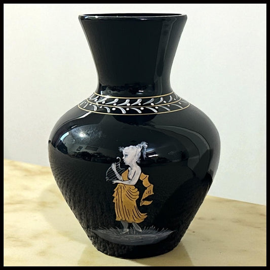 Vintage 1950’s American Westmoreland Mary Gregory Black Amethyst Glass Hand-Painted Woman Playing Harp Motif Baluster Vase