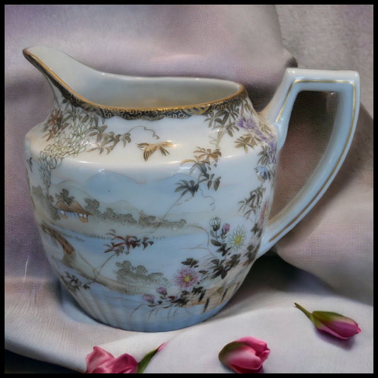 Circa 1920 Japanese Kutani Porcelain Landscape/Floral/Bird Motifs Lobed Base Creamer Pitcher (Taisho Period)