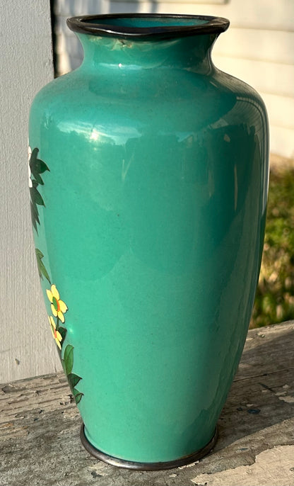 Vintage 1950’s Japanese Inaba Cloisonne Company Turquoise Silver Trim Floral Motif Baluster Vase with the Original Paperwork (Showa Era)