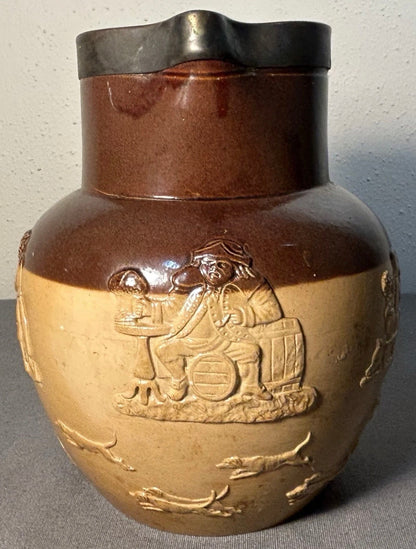 1899 English Victorian Doulton Lambeth Pottery Stoneware/Spurrier & Co. Sterling Silver Rim Harvest Jug